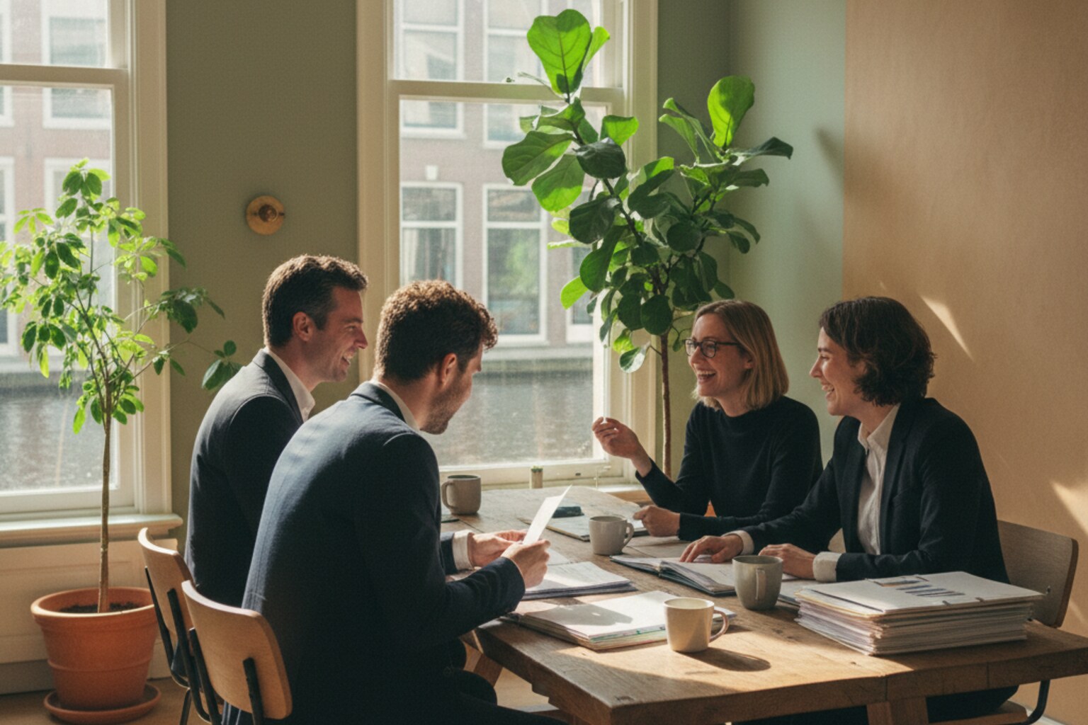 candid opname van het kleine tosc-team aan een eiken tafel in een grachtenpandkantoor, in warm ochtendlicht