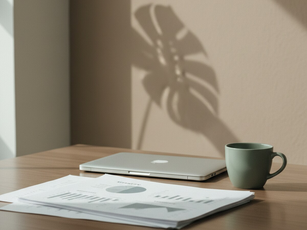 rustig consultancy-kantoor met documenten, een dichtgeklapte laptop en een kop koffie in zacht raamlicht