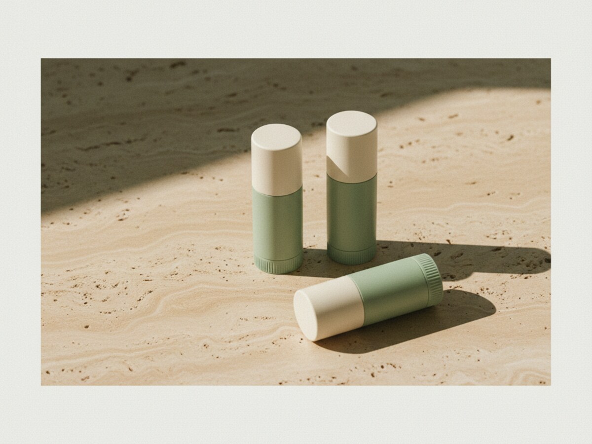 stilleven van natuurlijke vegan deodoranttubes op warm beige steen in zacht daglicht