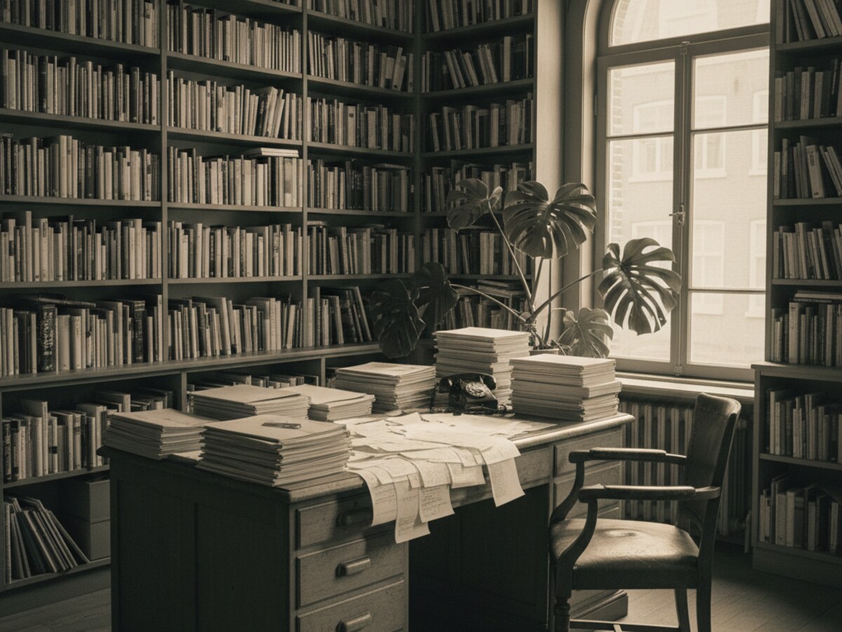 bureau in een uitgeverij met geprinte manuscripten, gecorrigeerde proeven en boekenkasten in middaglicht
