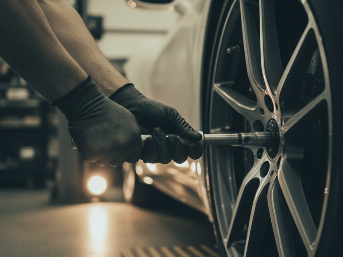 de handen van een monteur met een momentsleutel aan het wiel van een supercar in een werkplaats