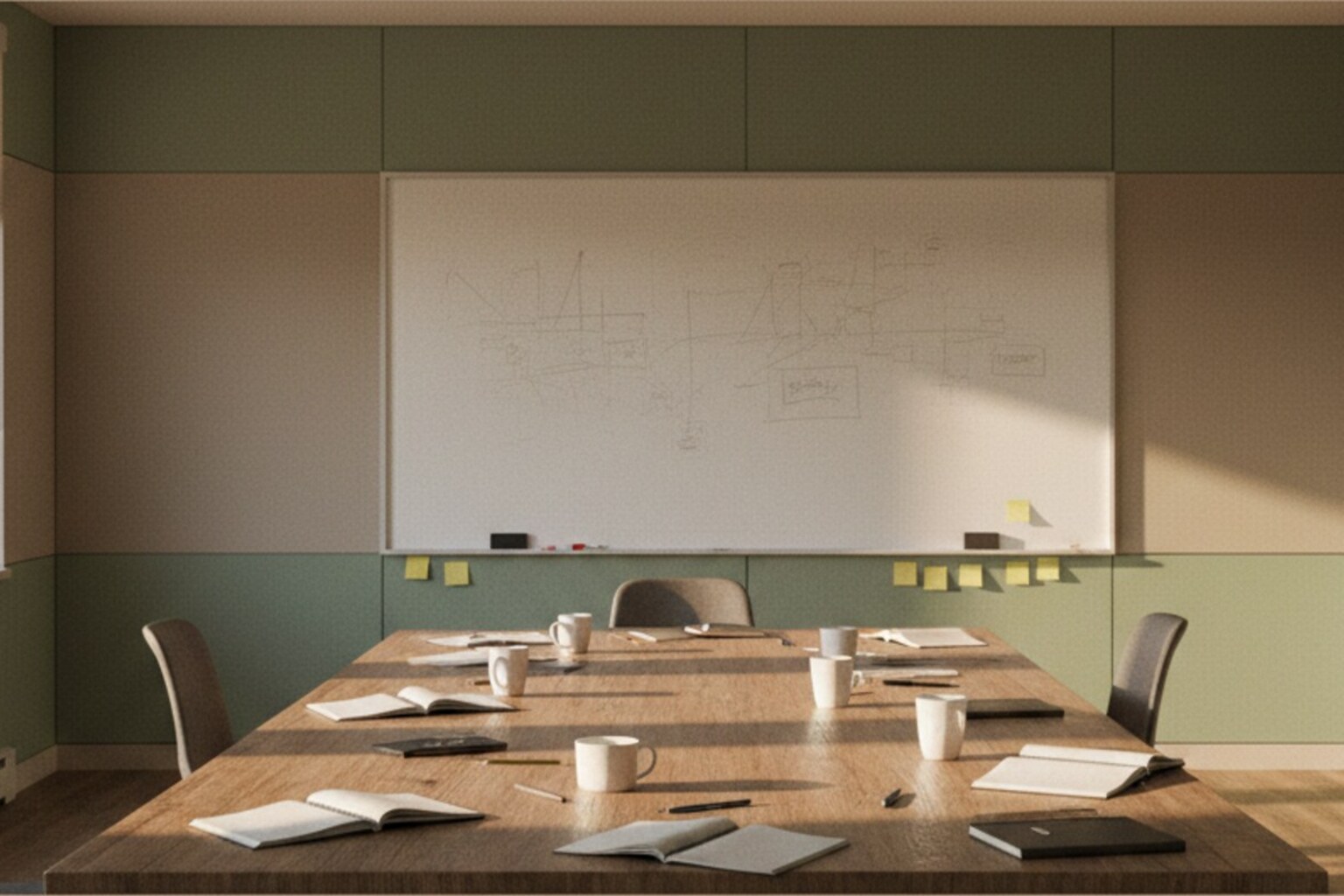 whiteboard met uitgewiste diagrammen en plaknotities na een strategiesessie, in warm middaglicht