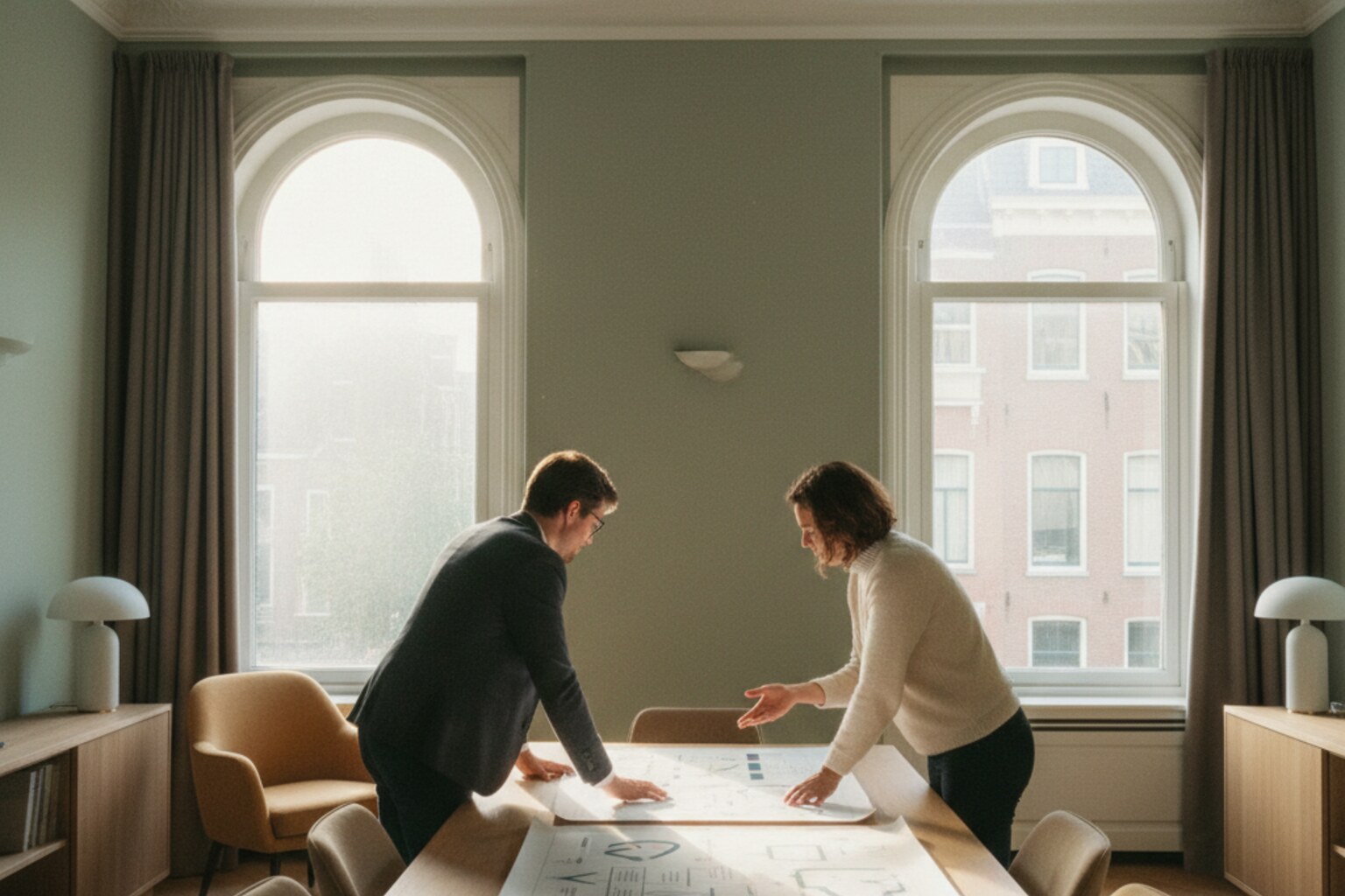 twee consultants bekijken grote uitgeprinte procesdiagrammen aan een eiken tafel in een zonnig kantoor in een amsterdams grachtenpand
