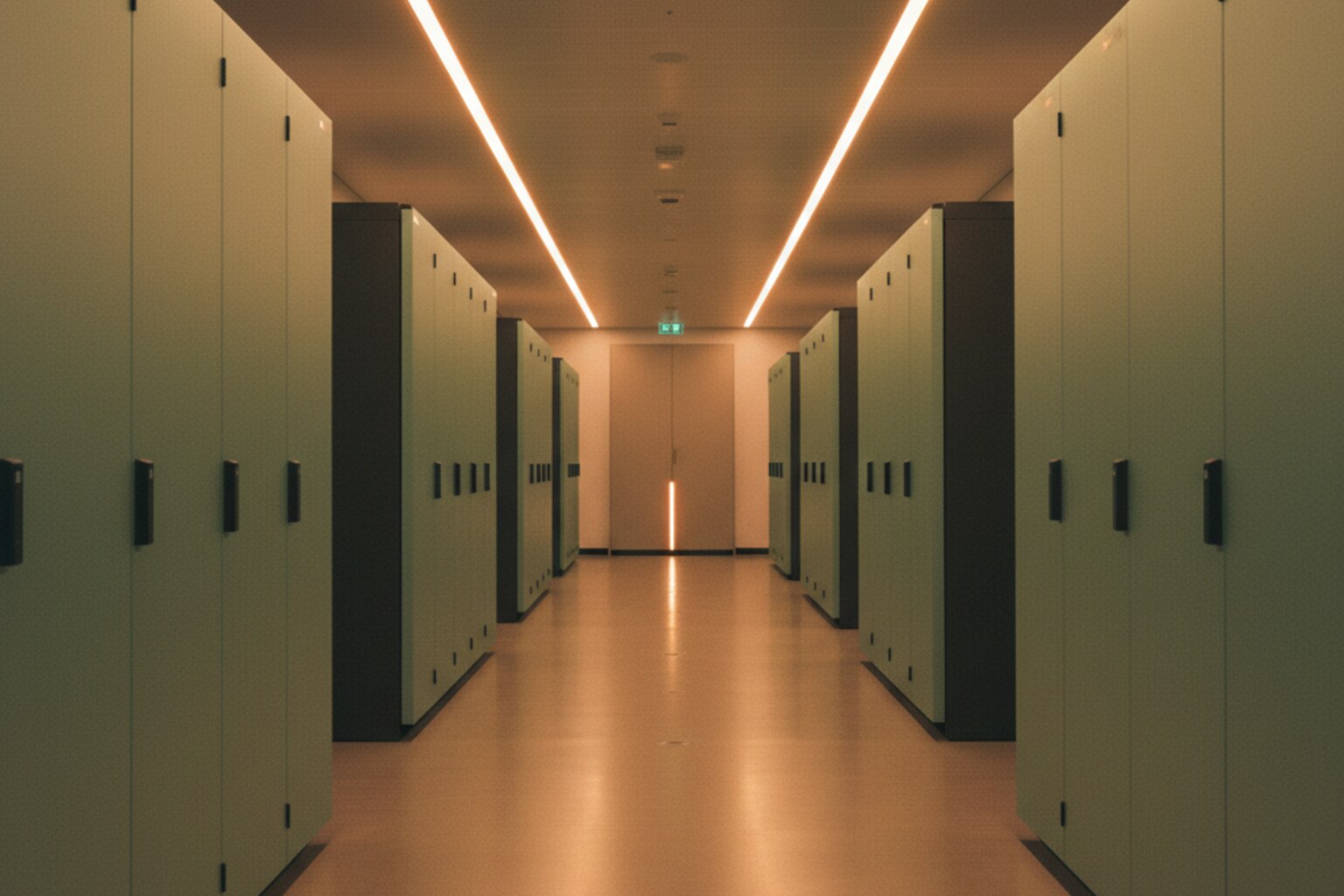 serverracks gefotografeerd als architectuur in warm praktisch licht — eigen infrastructuur in een nederlands datacenter