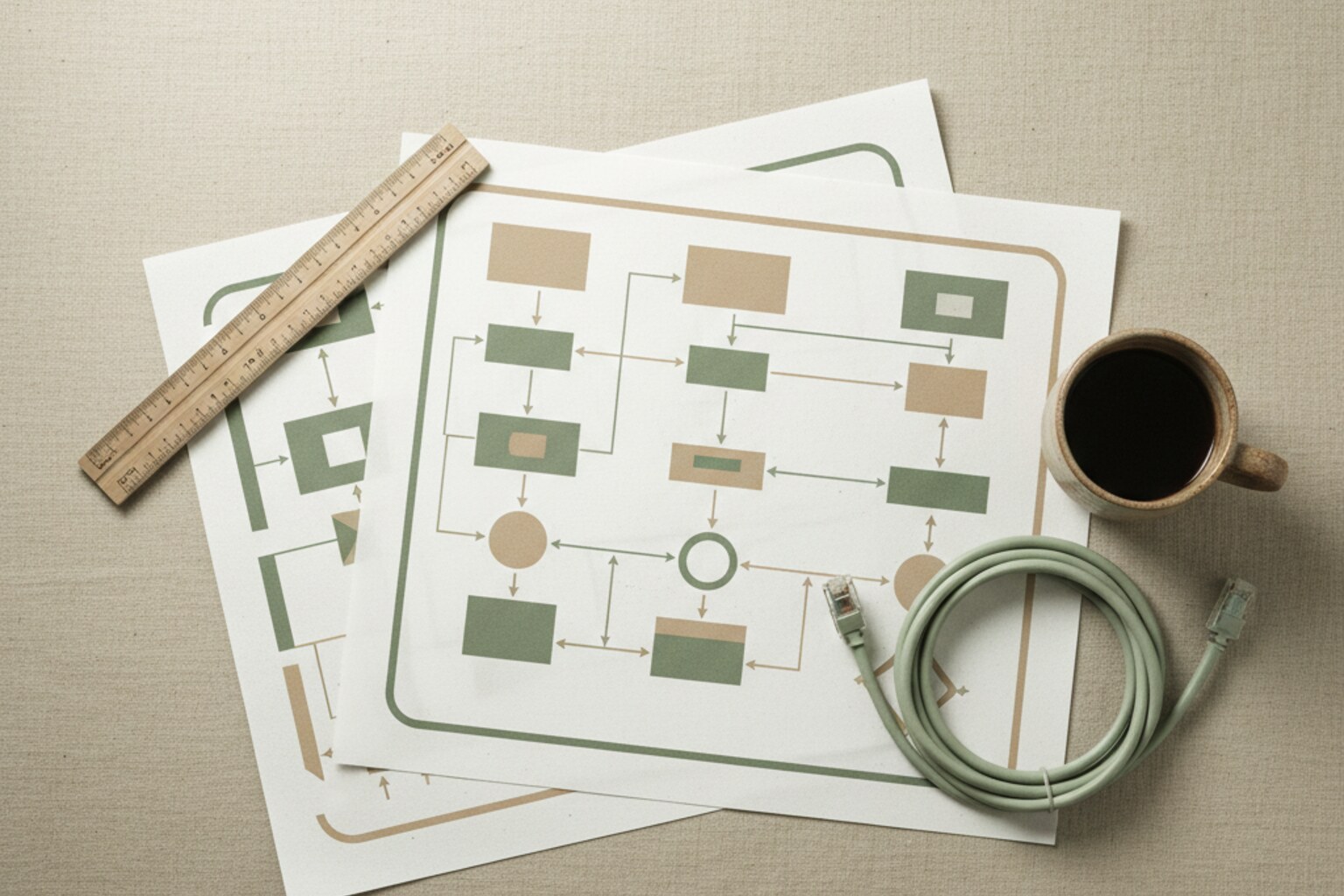bovenaanzicht van een bureau met uitgeprinte procesflowdiagrammen, een houten liniaal, een opgerolde kabel en een kop koffie